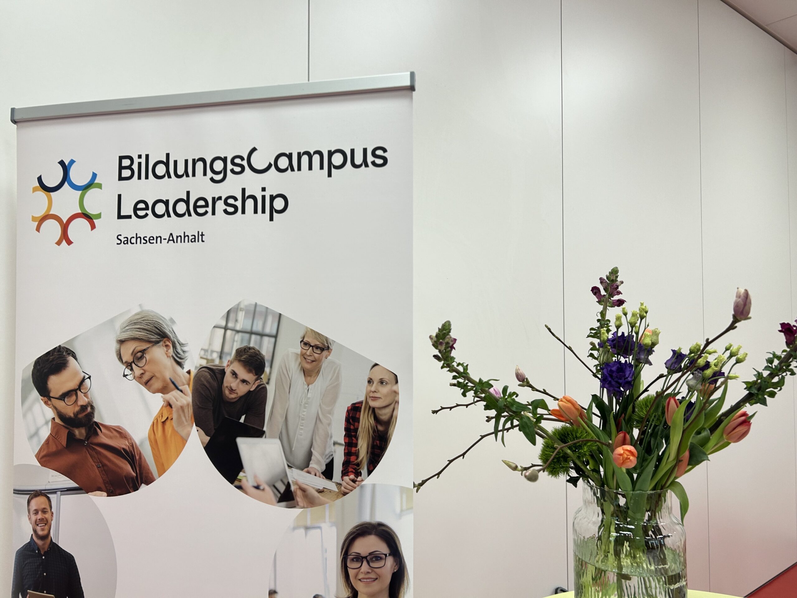 Roll-up "BildungsCampus Leadership Sachsen-Anhalt" mit Blumenstrauß daneben