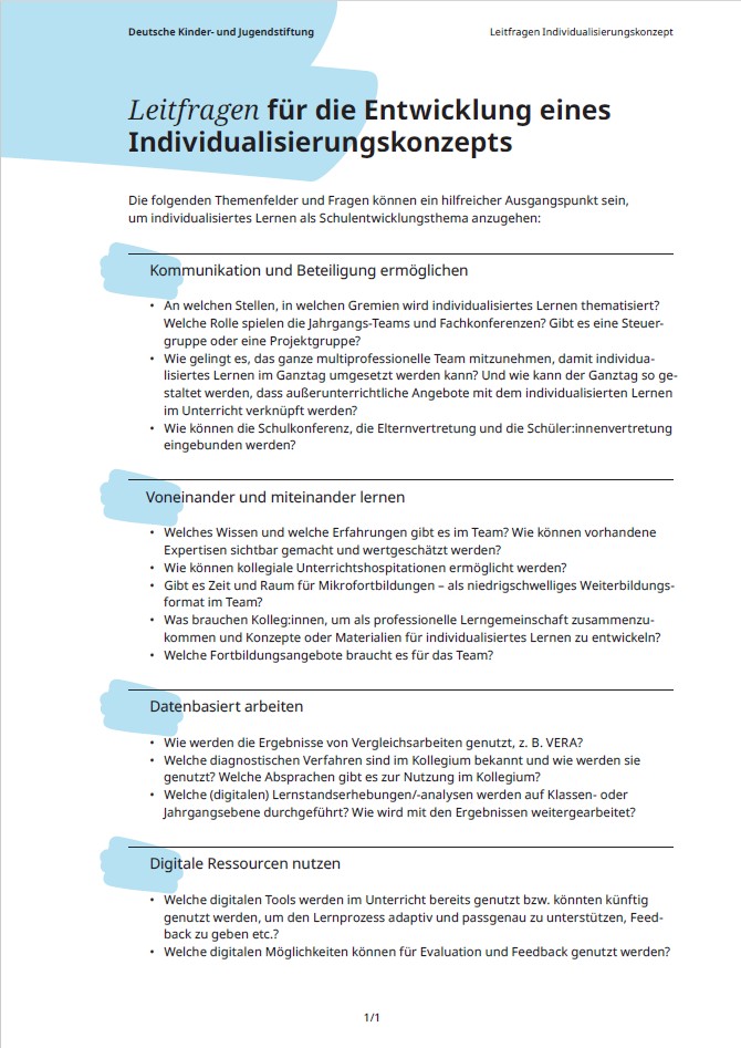 Cover zu den Leitfragen für die Entwicklung eines Individualisierungskonzepts